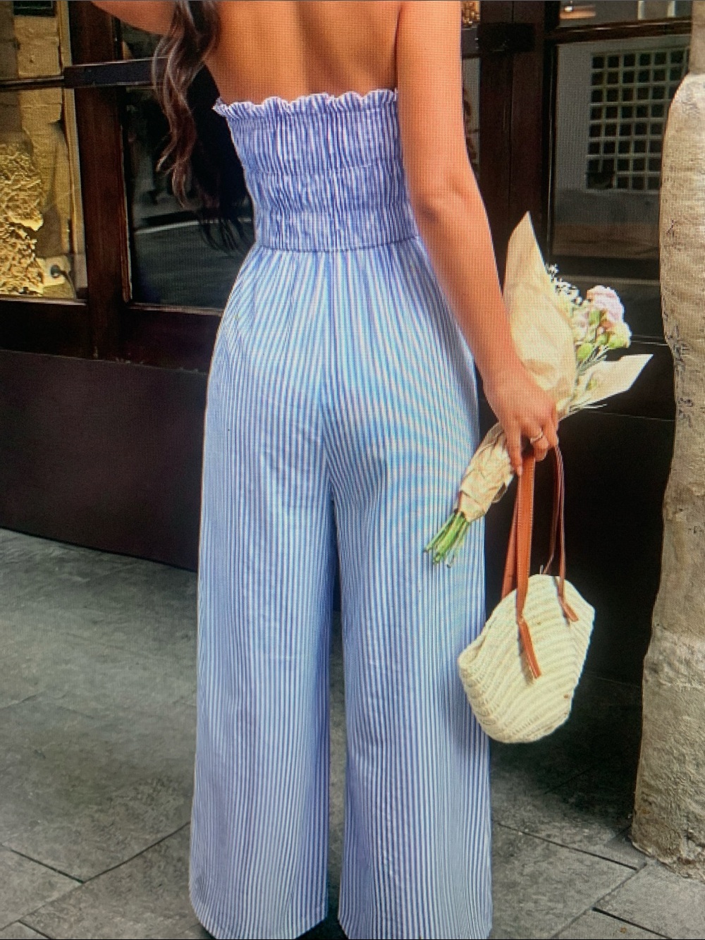 Strapless Smocked Wide-Leg Jumpsuit in Light Blue Stripe - Picture 3 of 5